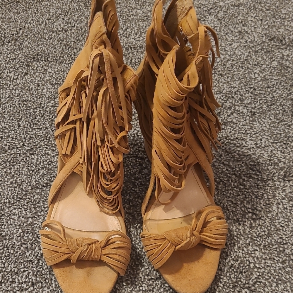 SCHUTZ Tan Fringe Heels Open Toe
